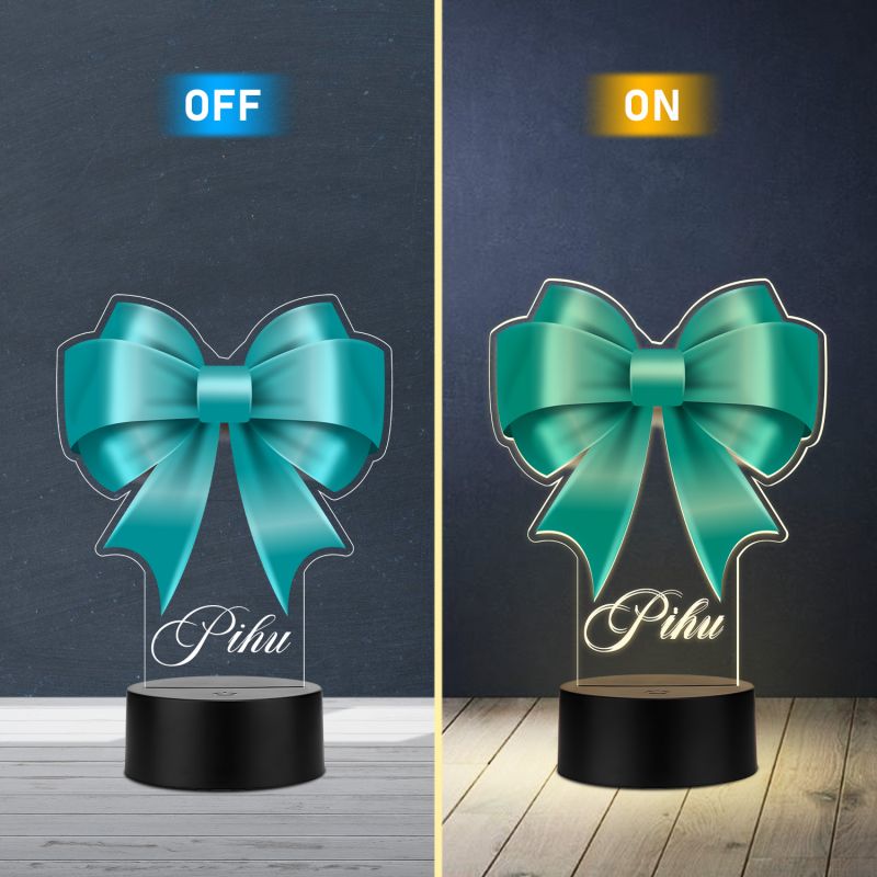 Personalized Turquoise Bow Theme LED Night Light Lamp Custom with Name Girls Room Decor Birthday Gift for Girls Return Gift for Girl Warm White Light & USB Powered